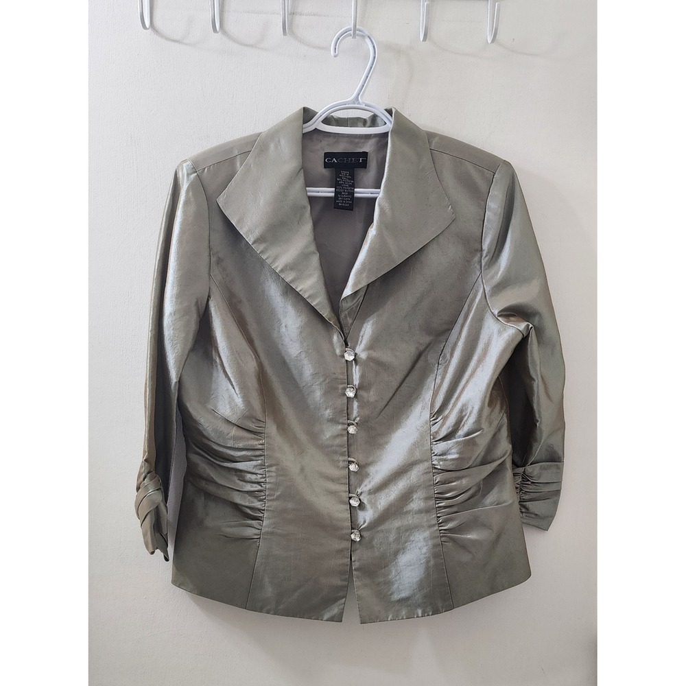 Cachet Womens Size 14 Metallic Ruched Evening Jacket Sage Green Crystal Buttons